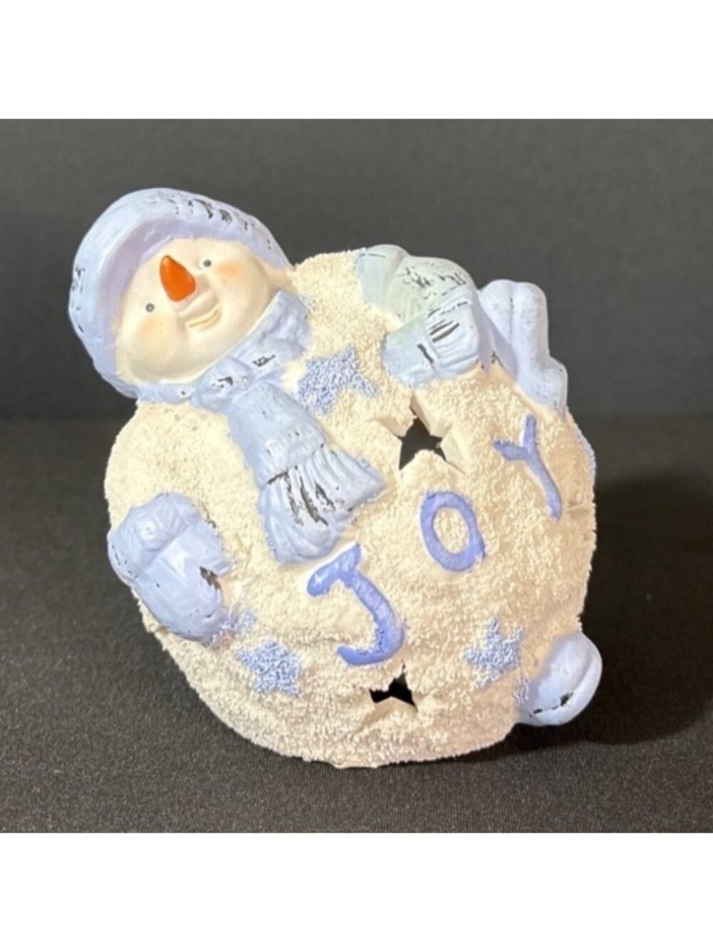 Christmas Snowman Figurine Tea Light Candle Holder Joy Winter Blue White 4" - Picture 2 of 11
